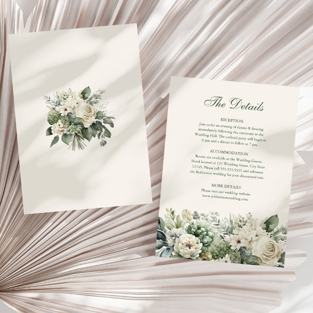 Carte de détails du Mariage Sage Green & Ivory Flo (Sage Green & Ivory Flowers Wedding Details Card on a sunny white dry palm leaf.)