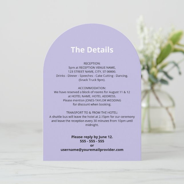 Carte de détails du Mariage violet clair (Debout devant)