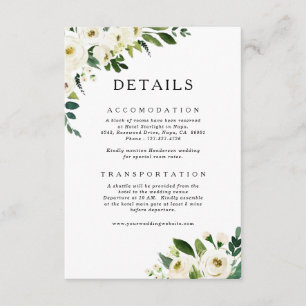 Carte de détails du Mariage White Roses Greenery