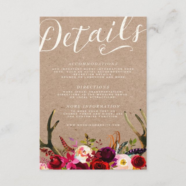 CARTE DE DÉTAILS | Élégant Boho Floral Rustique An (Devant)