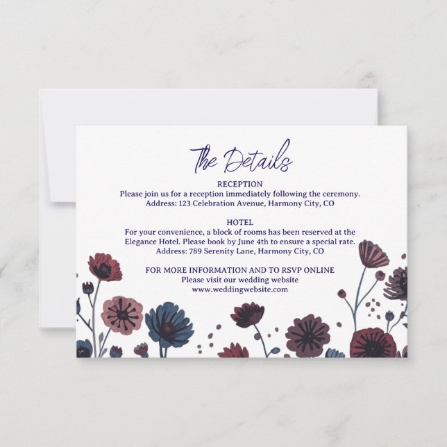 Carte de détails floraux Bourgogne & Bleu mélancol (Devant)