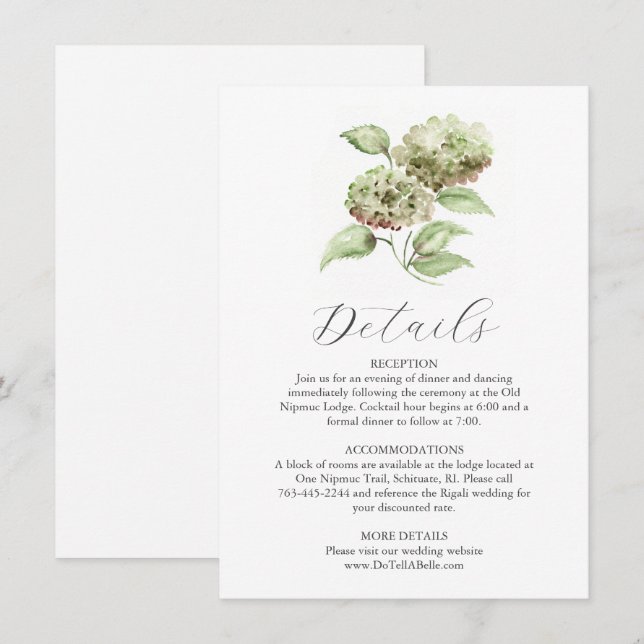Carte de détails Hydrangea aquarelle pour mariage (Devant / Derrière)