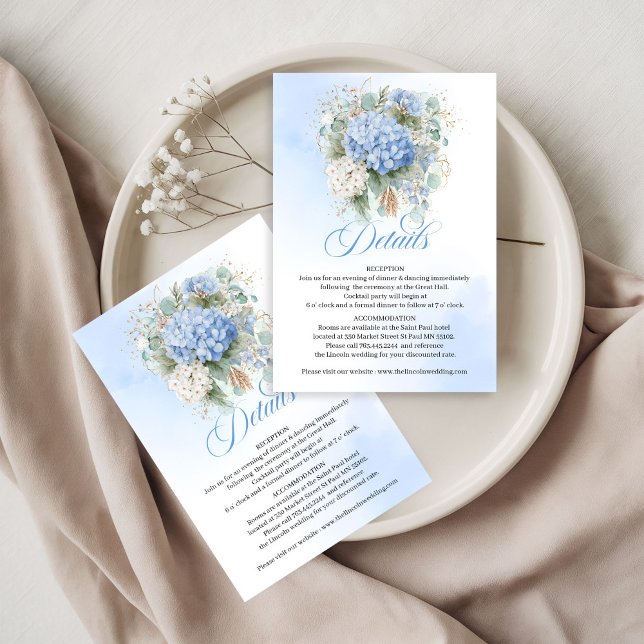 Carte de détails Hydrangea Bleu Classique Eucalypt (Classic Blue Hydrangea Eucalyptus details card)