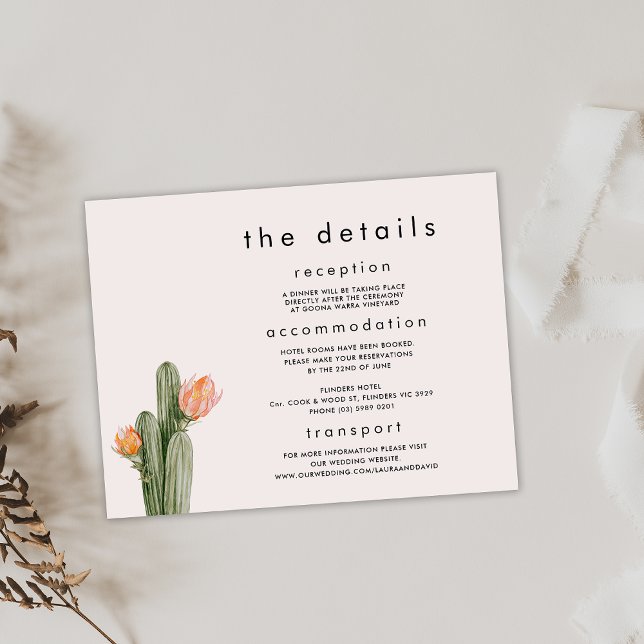 Carte de détails Mariage de cactus floraux orange  (Modern Flowering Cactus Wedding Details Card, Orange Flowering Cactus Wedding Details Enclosure Card)