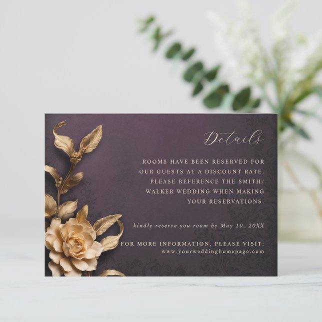 Carte de détails mariage de fleurs métalliques or (Debout devant)