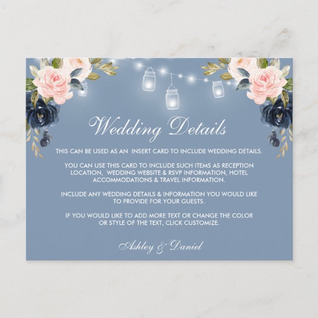 Carte de détails Mariage Dusty Blue Pink Floral Li (Devant)