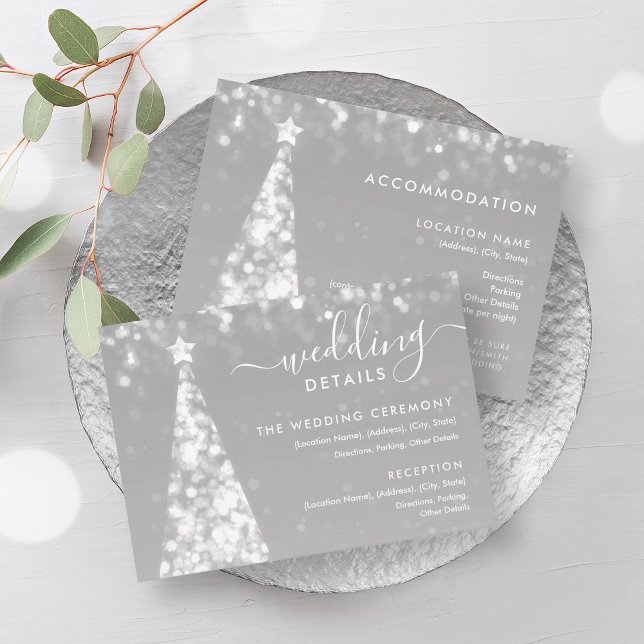 Carte de détails Mariage en argent Festive Xmas Tr (Festive Xmas Tree Silver Wedding Details Card)