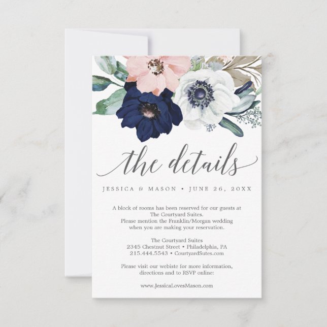 Carte de détails Mariage Navy Blooms (Devant)