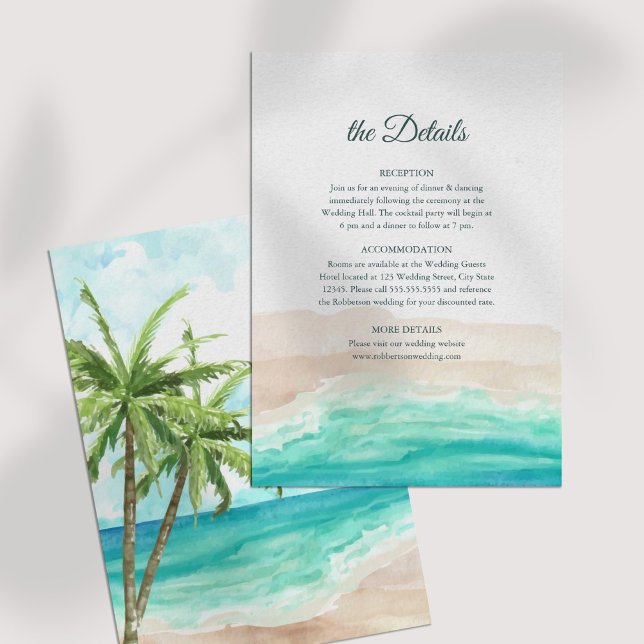 Carte de détails Mariage Tropical Beach and Palm T (Tropical Beach and Palm Trees Wedding Details Card on a white table.)
