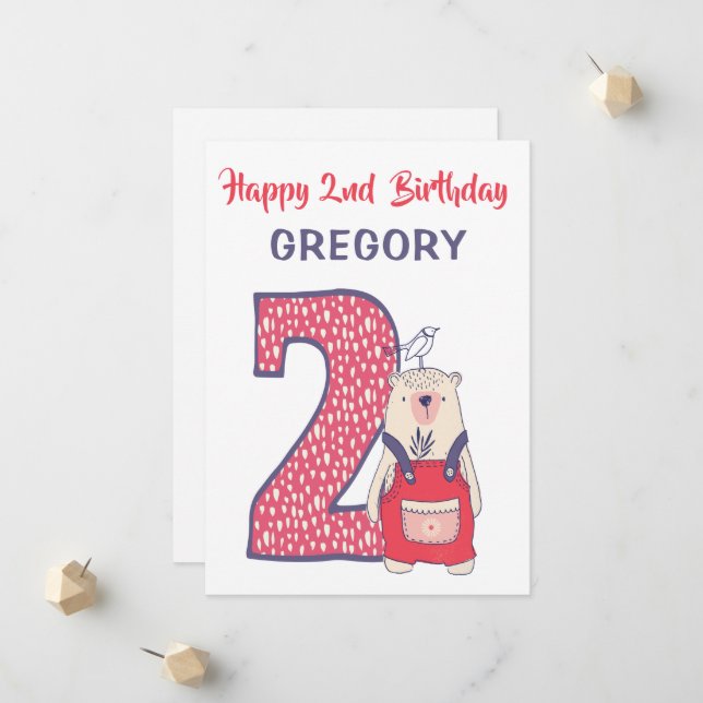 Carte de deuxième anniversaire de l'ours mignon av (Devant/Arrière en situation)