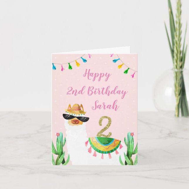 Carte de deuxième anniversaire rose llama (Devant)