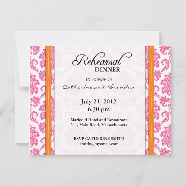 Carte de Dîner de Répétition Damask Rose et Orange (Devant)
