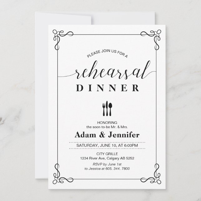 Carte de dîner de répétition de mariage à typograp (Devant)