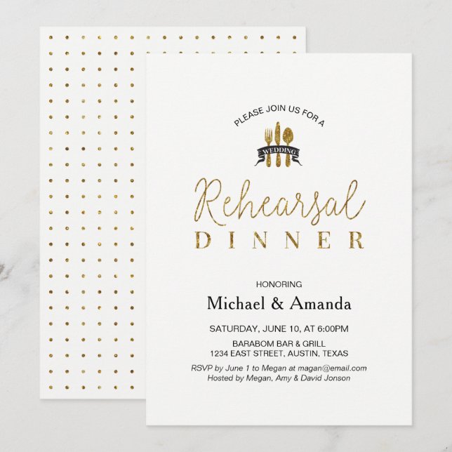 Carte de dîner de répétition de mariage en or mode (Devant / Derrière)