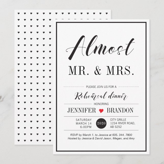 Carte de dîner de répétition de mariage en typogra (Devant / Derrière)