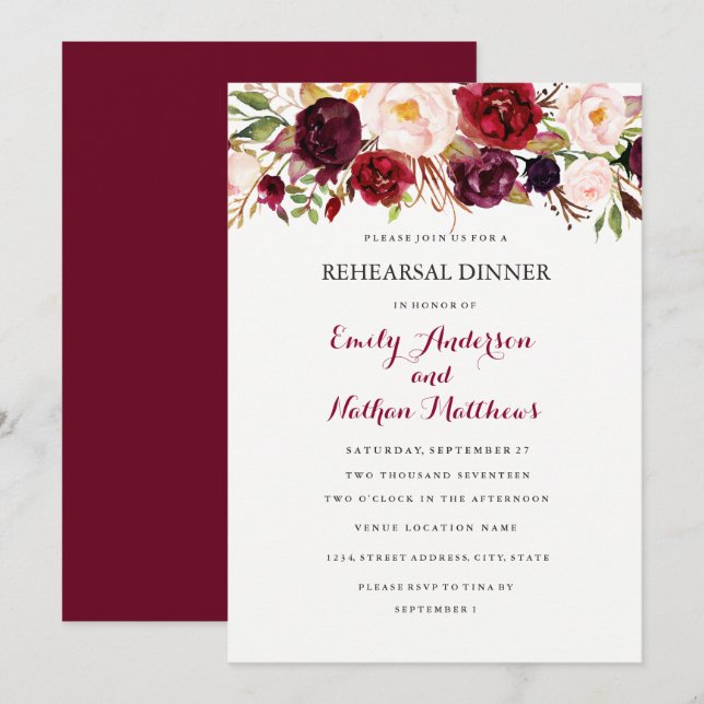 Carte de dîner de répétition florale rouge Bourgog (Devant / Derrière)