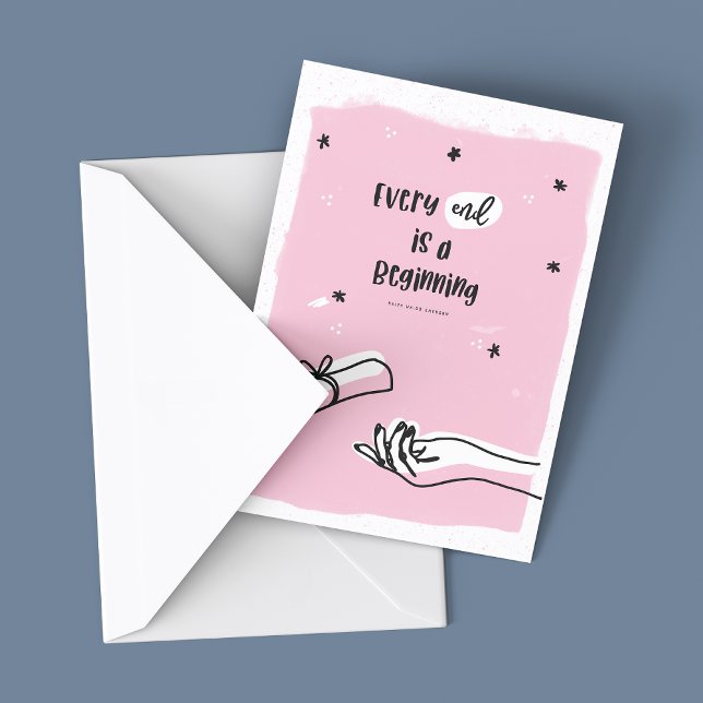 Carte de diplôme pour elle, Chaque fin est un débu (Every end is a beginning. Graduation card shown with envelope on a slate blue background. Grad card)