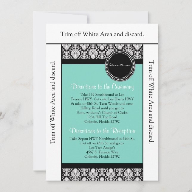 Carte de direction 3.5x6 Turquoise et noir Damas (Devant)