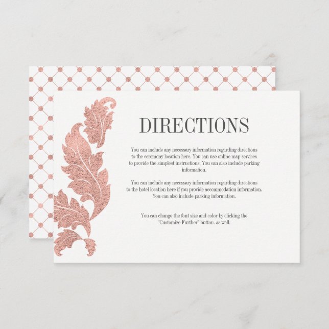 Carte de directions de mariage à crête en or rose  (Devant / Derrière)