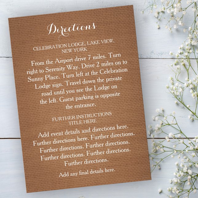 Carte de directions de mariage en toile de jute ru (Créateur téléchargé)