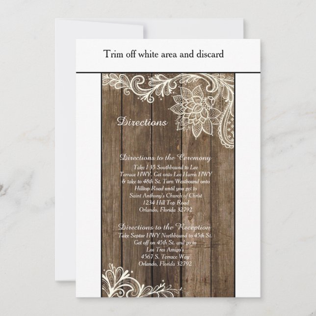 Carte de directions de mariage Rustic Wood Lace 3, (Devant)