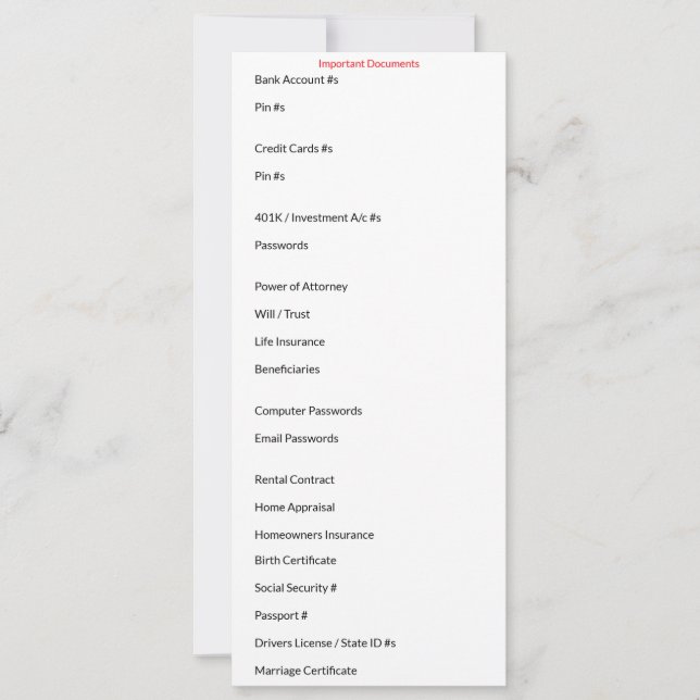 Carte de documents importants (Devant)