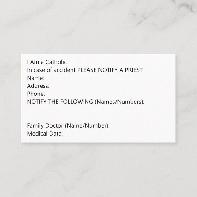 Carte de données d'urgence (Devant)