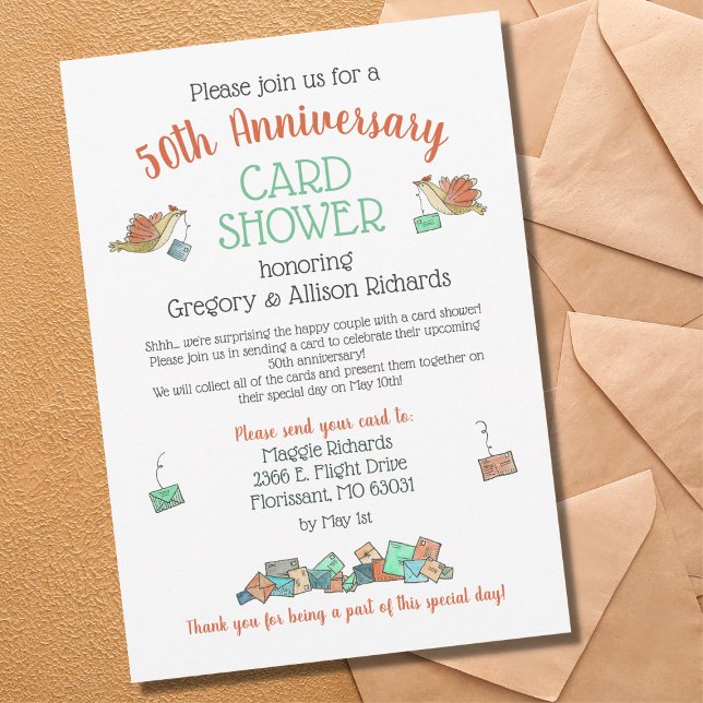 Carte de douche d'anniversaire 50 ans Oiseaux (Créateur téléchargé)