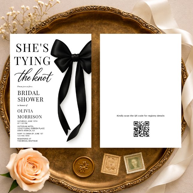 Carte de douche de mariage avec code QR She's Tyin (Créateur téléchargé)