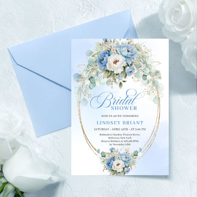 Carte de douche nuptiale bleu pastel élégante avec (Stylish Pastel Blue Peony Gold Bridal Shower Card

)