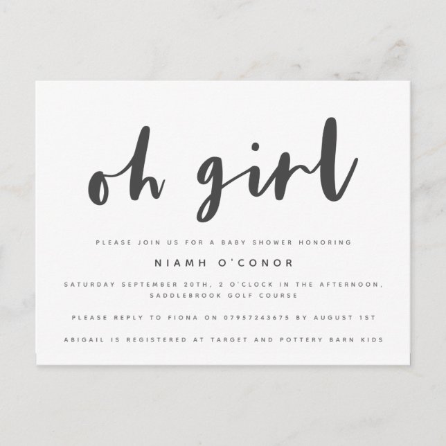 Carte de faire-part de baby shower pour fille. (Devant)