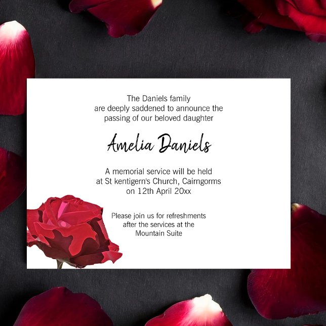 Carte de faire-part de décès à la rose rouge (Elegant funeral announcement cards with a single red rose.)