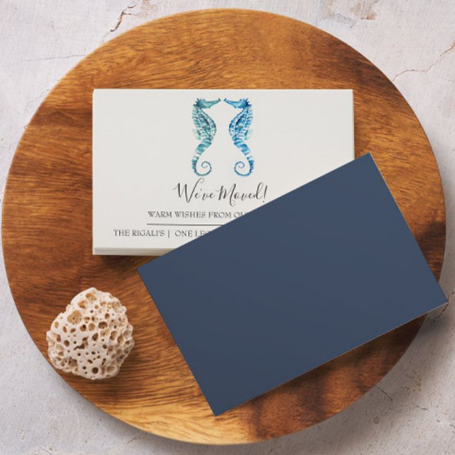 Carte de Faire-part de déplacement de l'hippodrome (Small moving announcement cards watercolor coastal blue seahorse art by Victoria Grigaliunas)