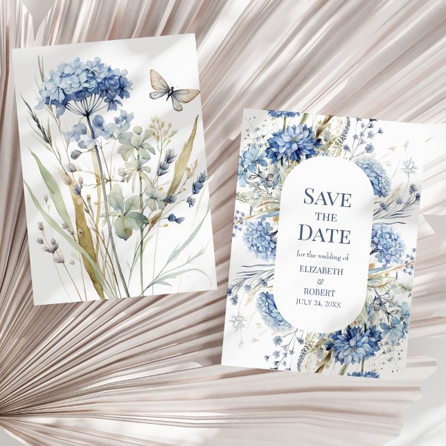 Carte de faire-part de mariage à l'hydrangea bleu  (French Blue Garden Wildflowers Save The Dates Invitation on a neutral sunny dry palm leaf.)