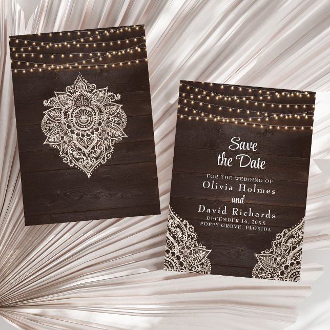 Carte de Faire-Part de Mariage avec Guirlande Lumi (Rustic Brown String Light Save the Date Card on a sunny white dry palm leaf.)