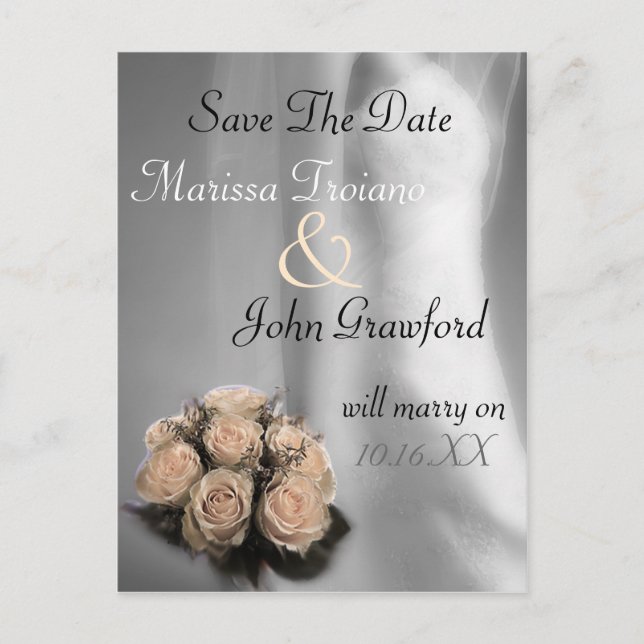 Carte de faire-part de mariage avec roses et marié (Devant)
