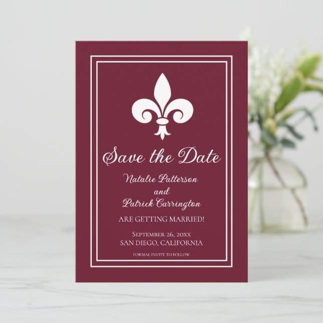 Carte de faire-part de mariage Fleur de Lis Vin (Debout devant)