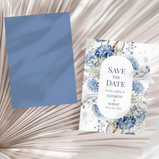 Carte de Faire-Part de Mariage Fleur d'Hydrange Bl (French Blue Garden Wildflowers Save The Dates Invitation on a sunny dry palm leaf.)