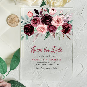Carte de faire-part de mariage floral bordeaux ros