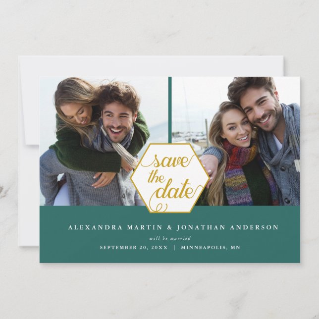 Carte de Faire-Part de Mariage Gold Polygon 2 Phot (Devant)