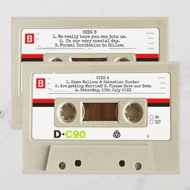 Carte de faire-part de mariage sur cassette audio  (Devant / Derrière)