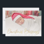 carte de faire-part de naissance de noël béni<br><div class="desc">carte de faire-part de naissance de vacances avec faux script de feuille d'or lettrage et image bébé mignonne,  le texte et les couleurs peuvent être personnalisés.</div>