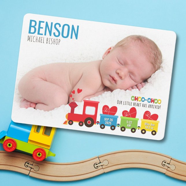 Carte de Faire-part de naissance de train Choo-Cho (Adorable train-themed birth announcement with photo slots and heartfelt charm.)