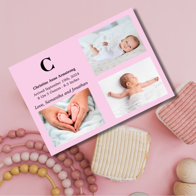 Carte de Faire-part de naissance Monogramme rose b (Créateur téléchargé)