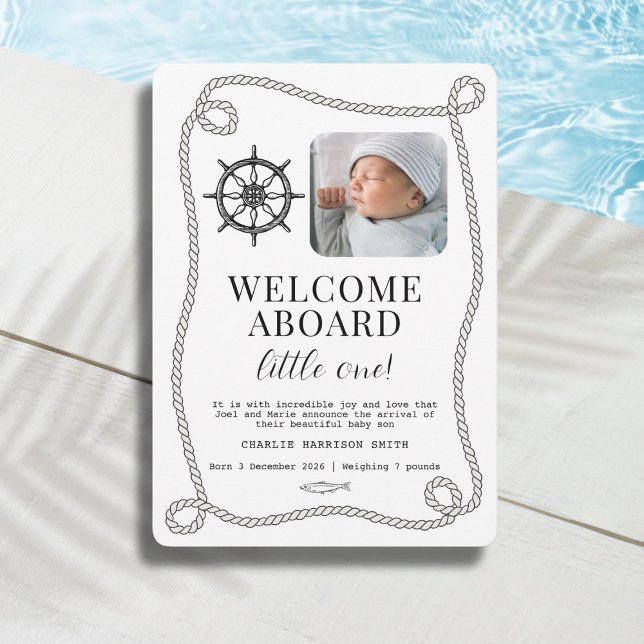 Carte de Faire-part de naissance pour bébé à thème (Nautical themed Baby Birth Announcement Card, newborn gender neutral design)