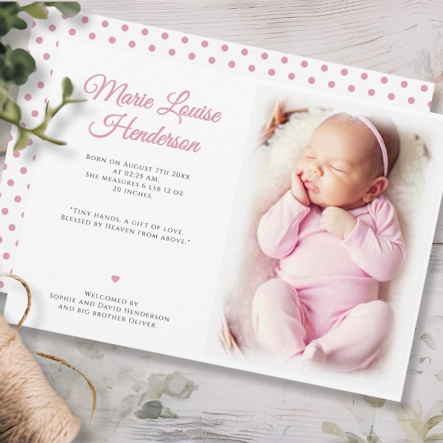 Carte de Faire-part de naissance pour bébé fille p (Baby Girl Photo Pink Dots Birth Announcement Card)