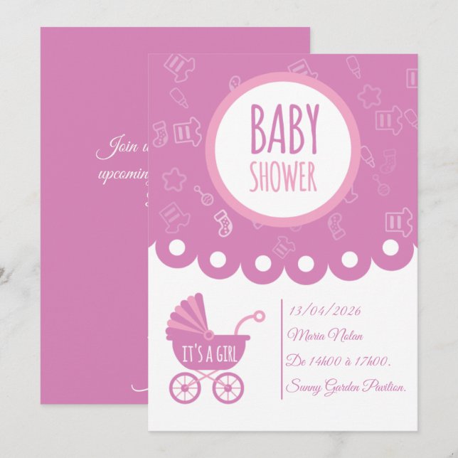 Carte de Faire-Part de Naissance Rose | Bébé Fille (Devant / Derrière)