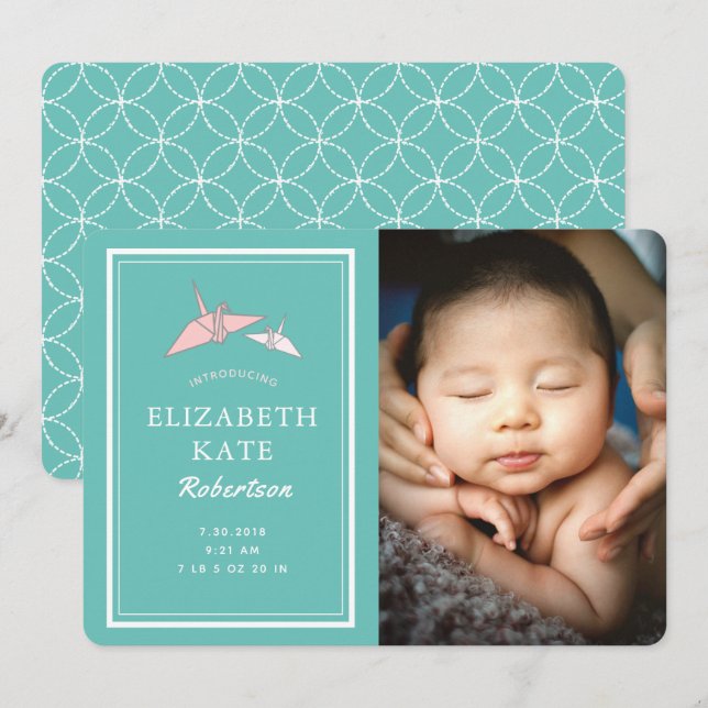 Carte de Faire-part de naissance Turquoise photo O (Devant / Derrière)