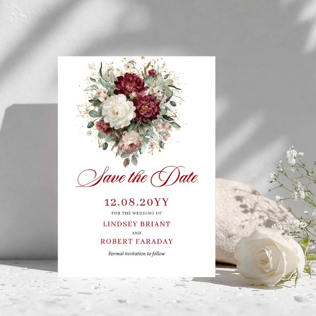 Carte de Faire-Part Floral Burgundy Doré (Floral Blush Burgundy Gold Save The Date Card)