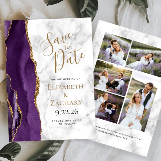 Carte de Faire-Part Mariage Agate Violet Or Marbre (Créateur téléchargé)